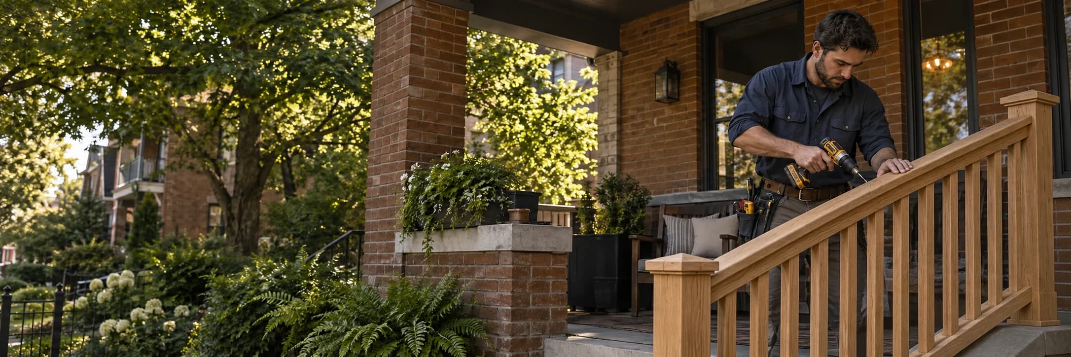 Handyman repairing a wooden porch railing outside a brick home