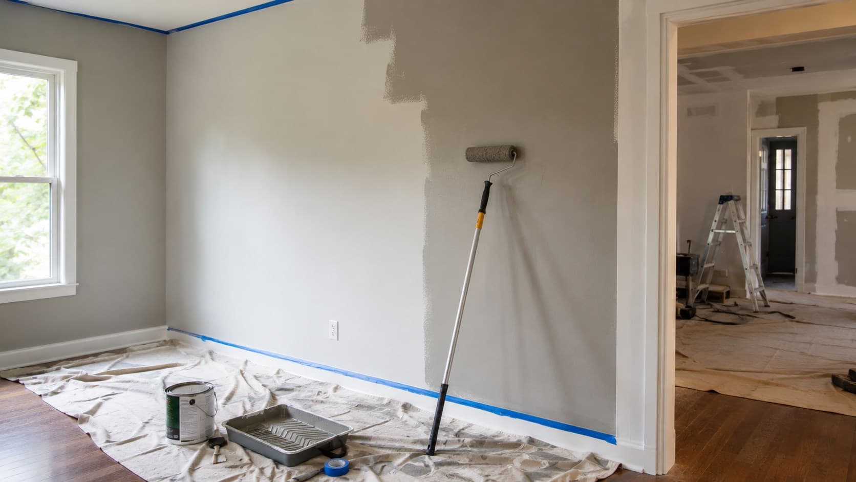 Interior room prepared for painting with roller, drop cloths, and trim tape