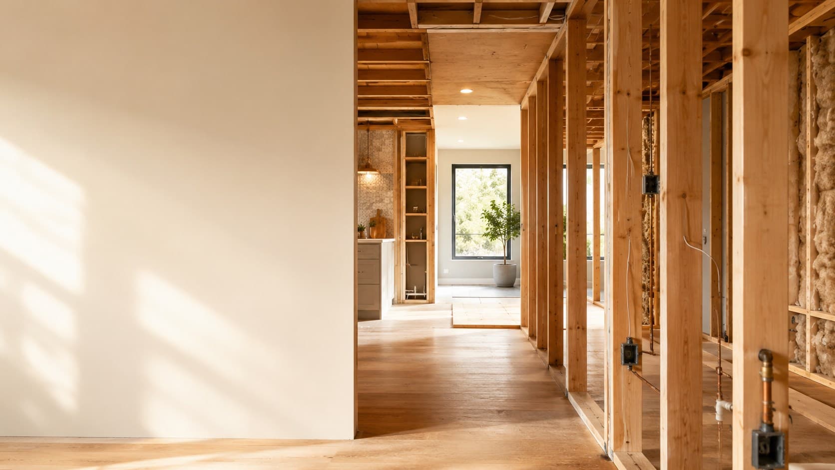 Bright home renovation with finished wall and exposed framing
