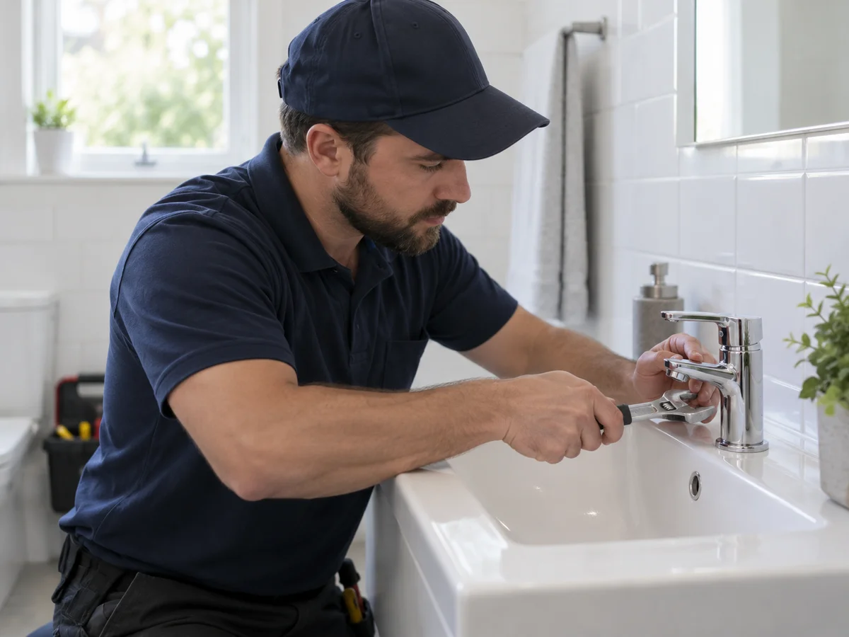 Local pro repairing a faucet in a bright home kitchen