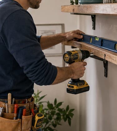 Handyman installing shelving with a drill and level