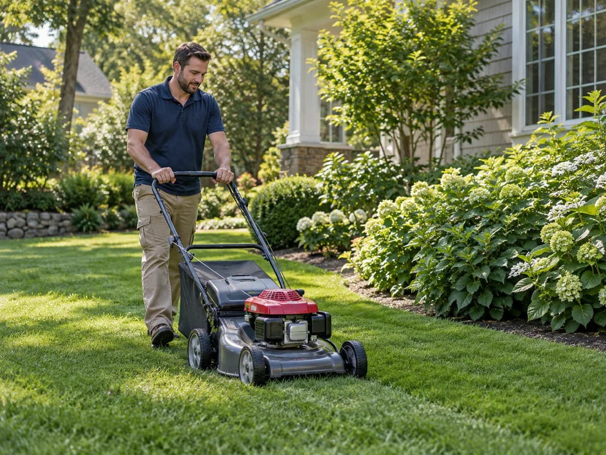 A yard work pro tending a green residential lawn